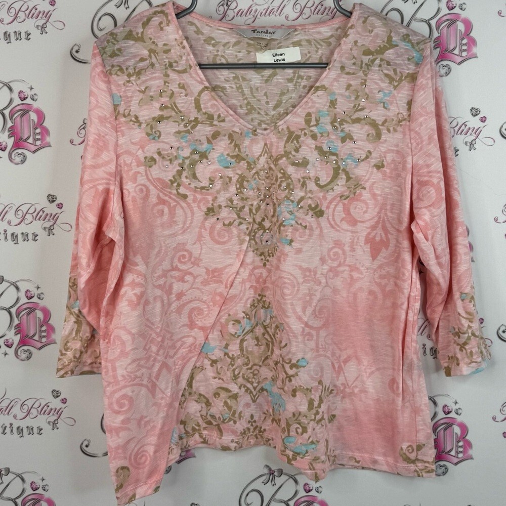 TanJay shirt long sleeve paisley flowers Pink and Blue Floral rhinestone Blouse